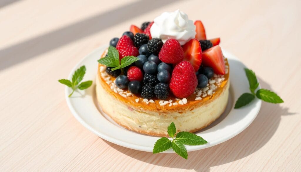 almond cake with berries and whipped cream